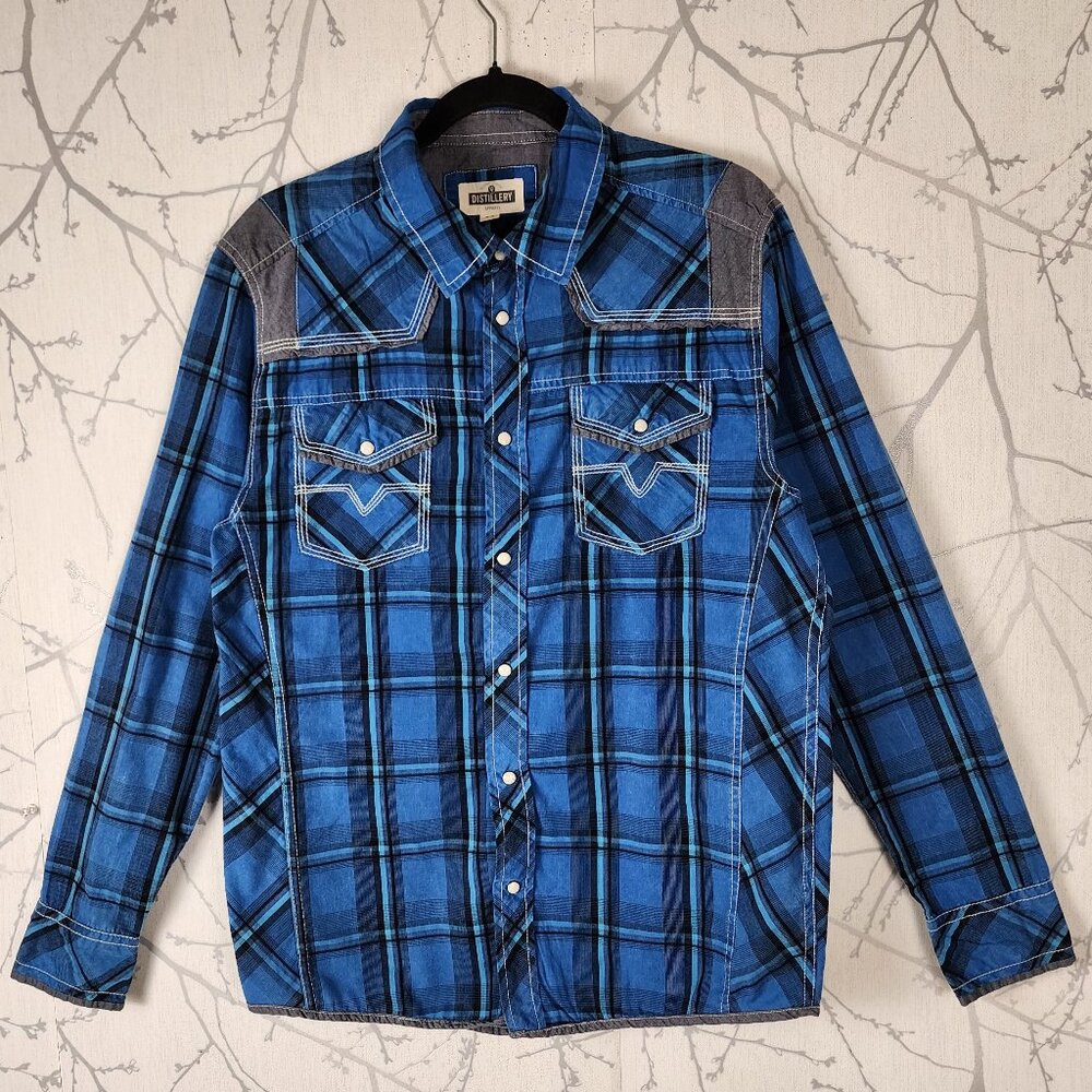 Distillery Blue Plaid Cotton Blend Pearl Snap Western Shirt